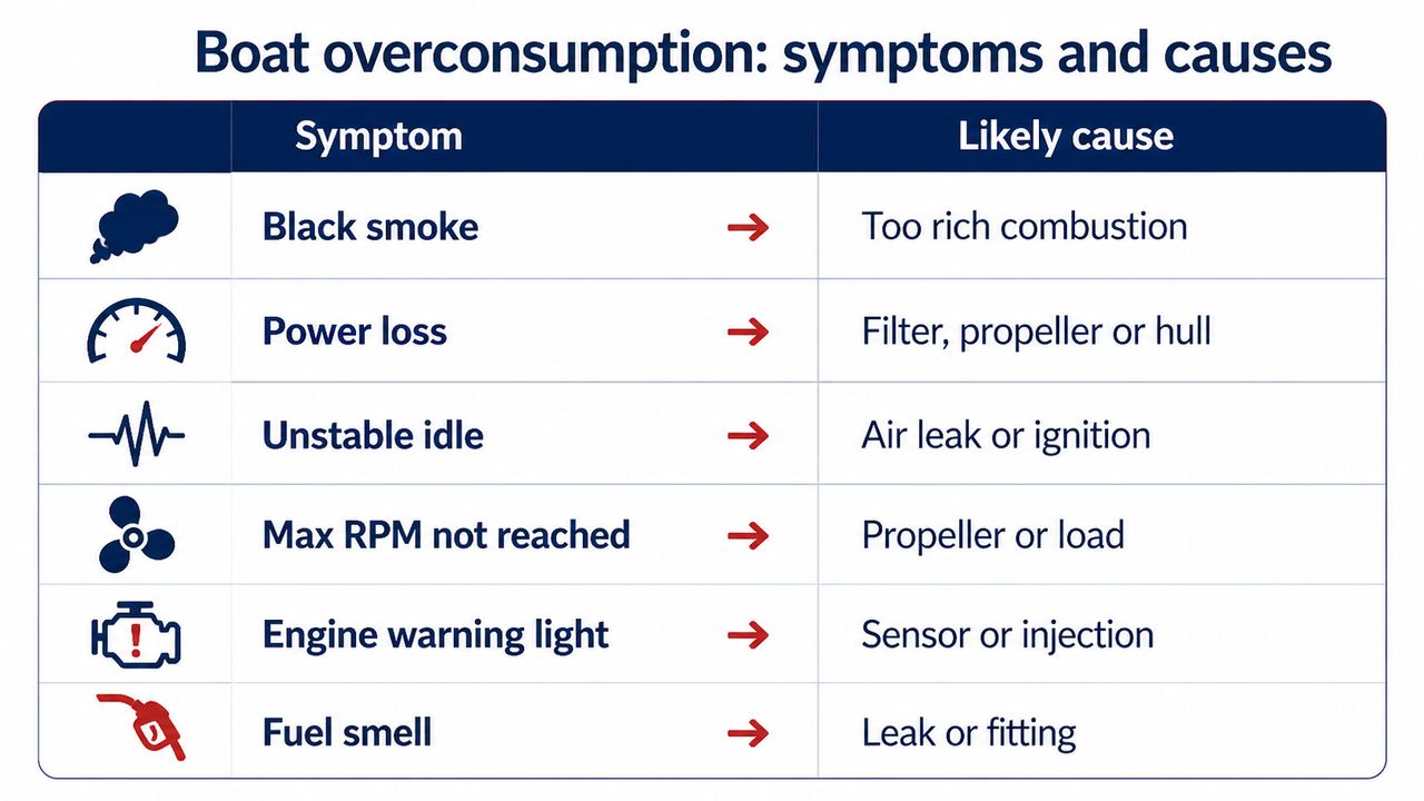 Infographic showing symptoms linked to boat engine overconsumption and likely causes